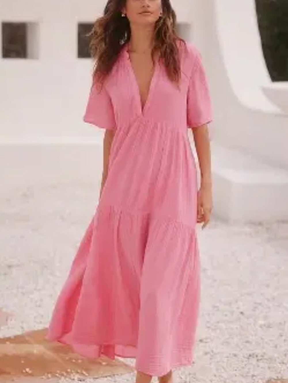 Anthropologie Pink V-Neck Tiered 100% Cotton Maxi Dress Small Coastal Boho